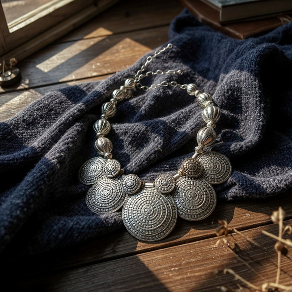 Vintage St. Thomas Silver Tone Multi Disc Textured Circle Statement Necklace - Picture 5 of 9